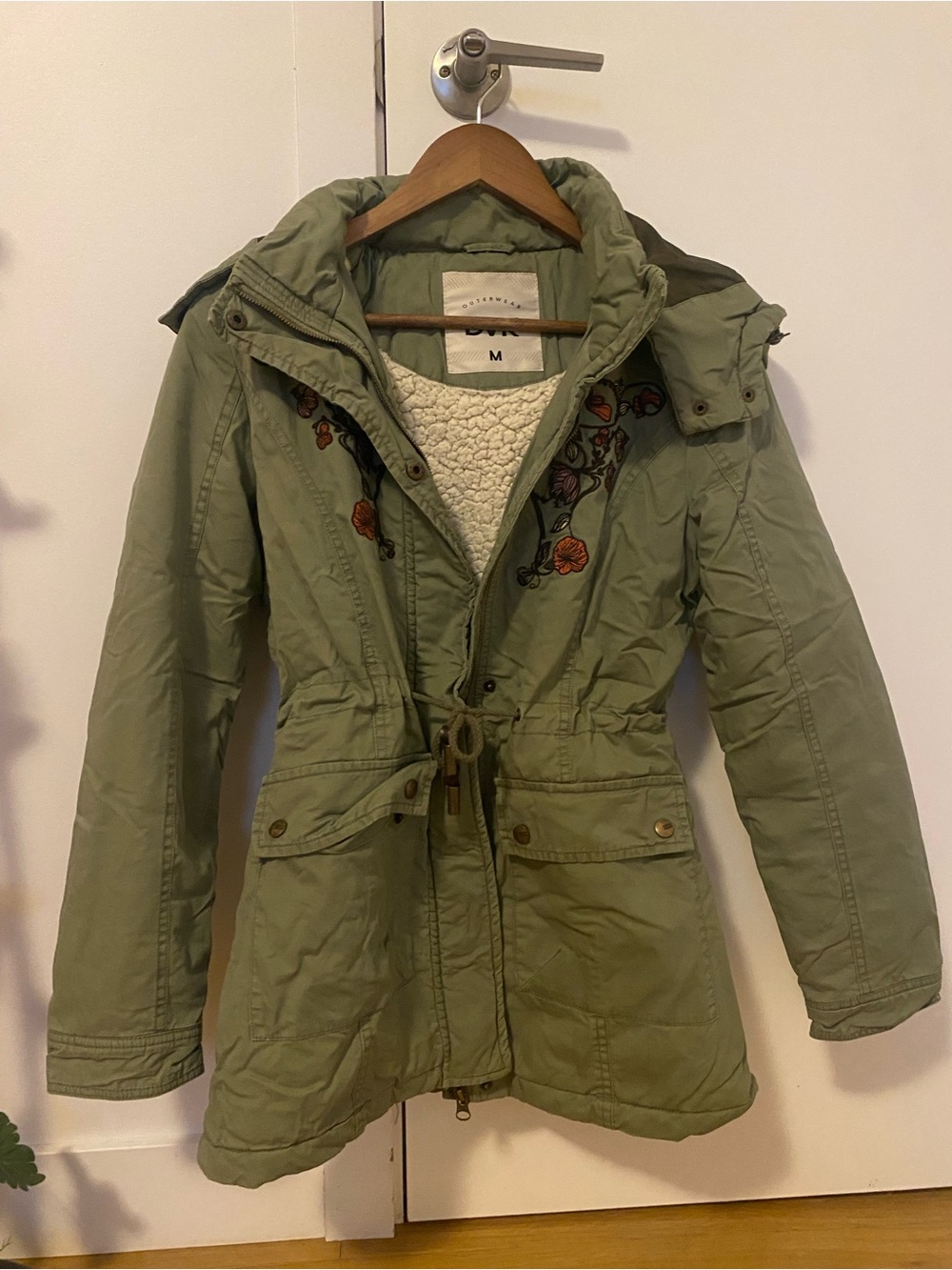 Embroidered Olive Utility Parka Jacket with Sherpa Lining